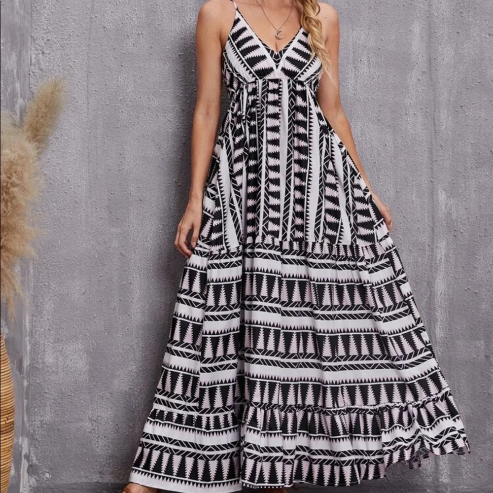 Boho Geo Abstract Print Cami Maxi Dress GREEN - Picture 9 of 11